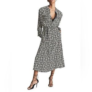Reiss Micah Printed Long-Sleeve Midi Dress With Pockets Womens Size‎ 10 NWT